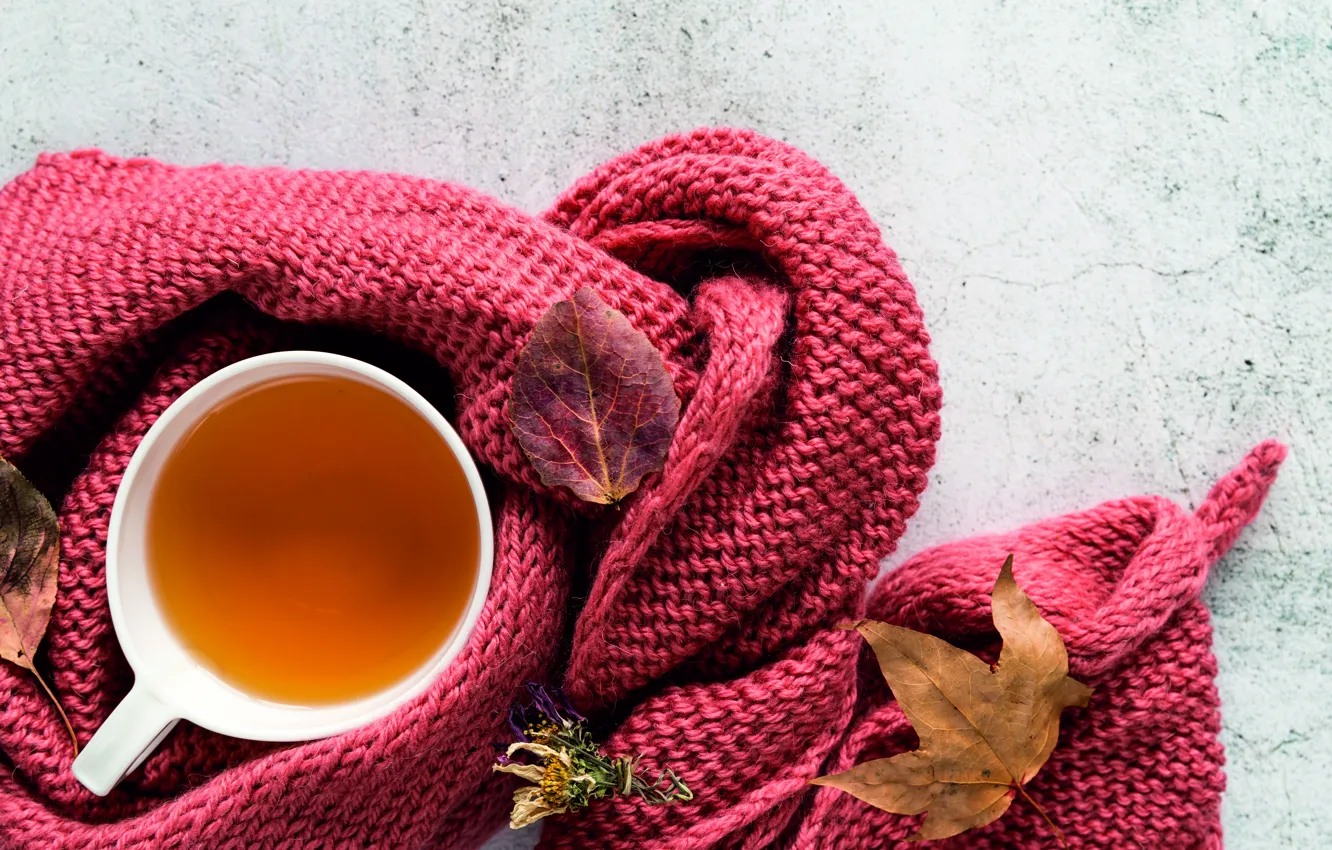 Фото обои осень, листья, тепло, чай, чашка, autumn, вязание, вязаная вещь