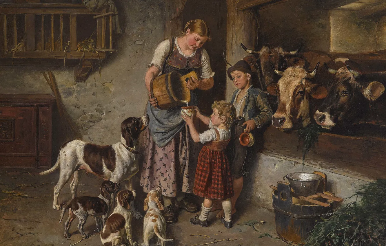 Фото обои 1894, German painter, немецкий живописец, Adolf Eberle, Адольф Эберле, В коровнике, Im Kuhstall, In the …