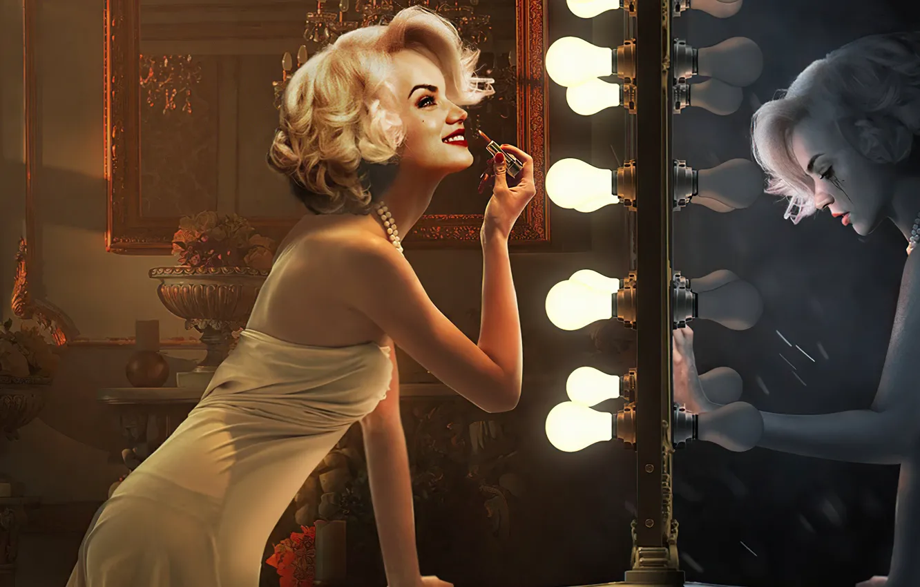 Фото обои взгляд, девушка, улыбка, отражение, Блондинка, зеркало, красивая, Ana De Armas