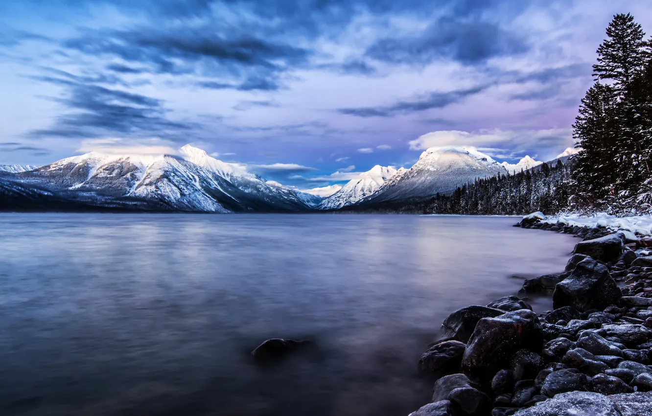 Фото обои облака, снег, горы, природа, озеро, USA, Glacier National Park, штат Монтана