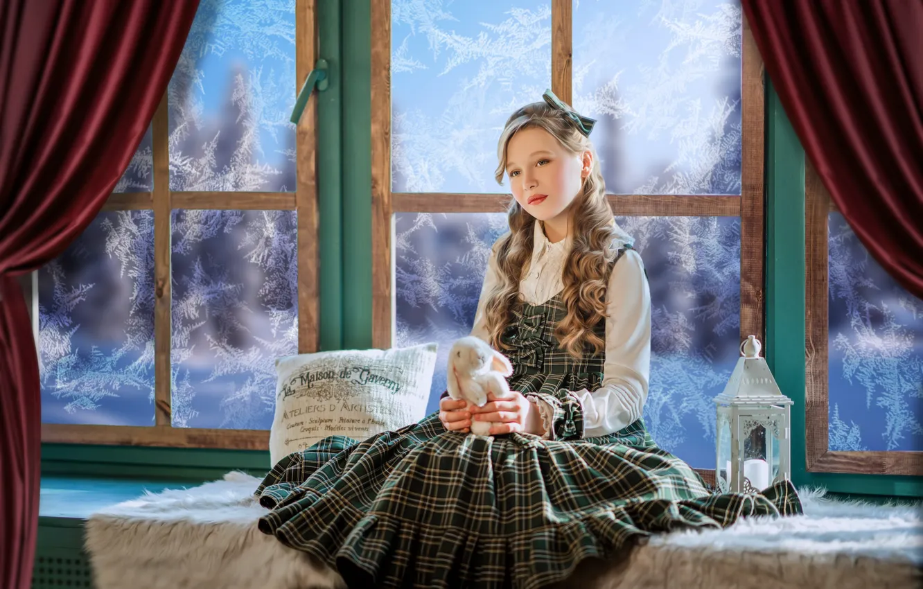Фото обои игрушка, кролик, окно, мороз, девочка, фонарь, подушка, зайка