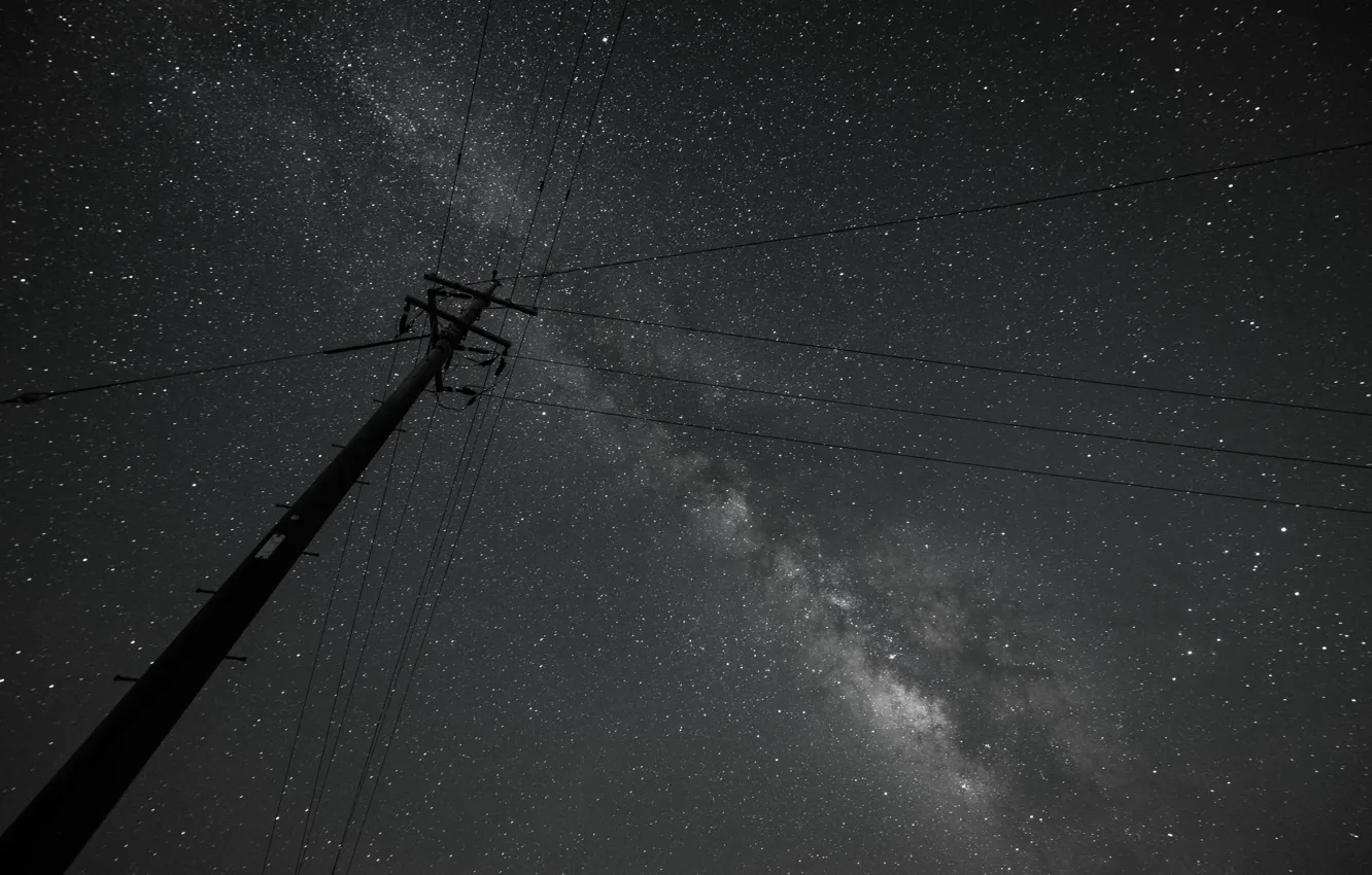 Фото обои космос, звезды, провода, столб, млечный путь