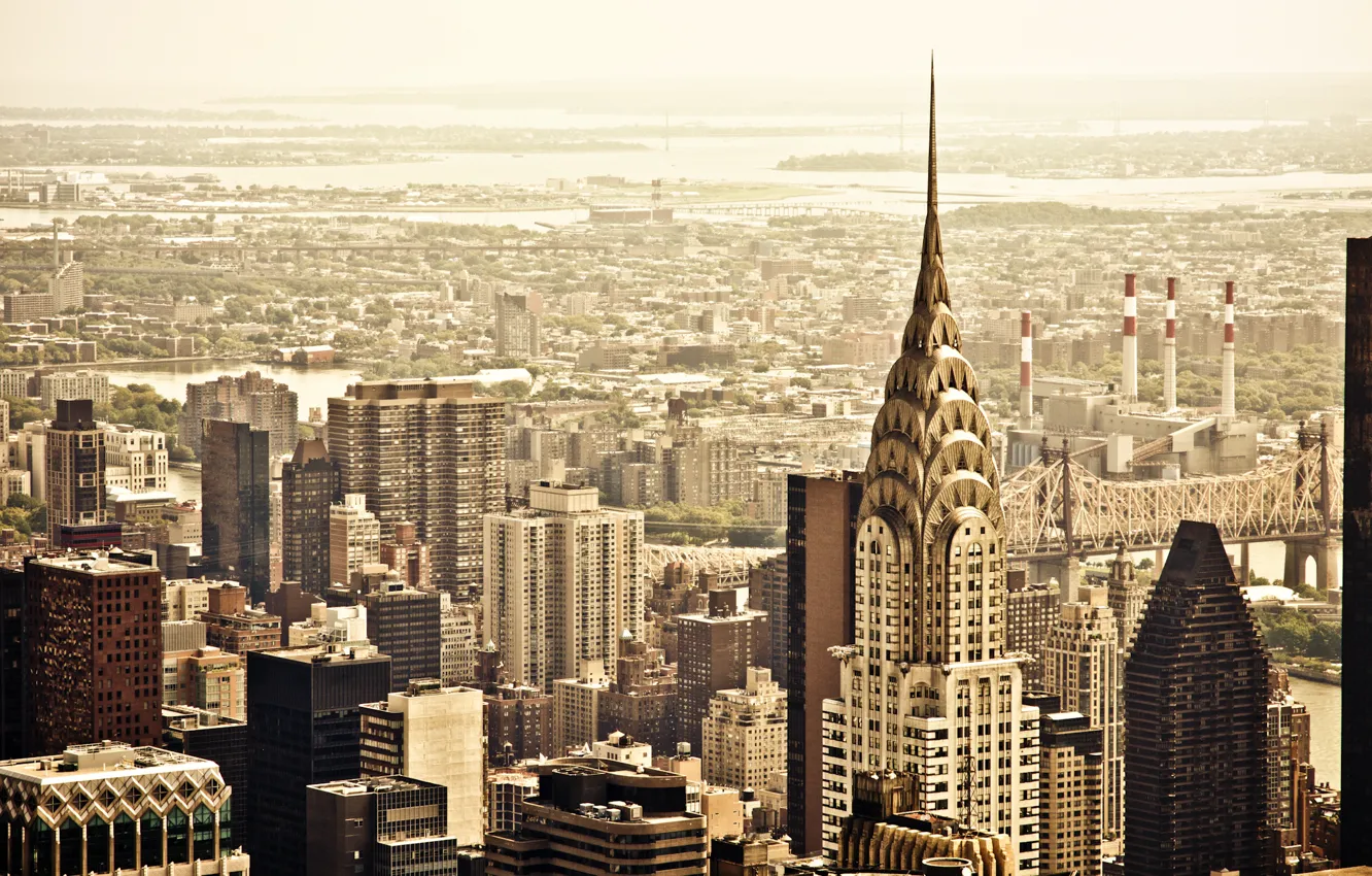 Фото обои город, вид, здания, дома, Нью-Йорк, небоскребы, крыши, панорама