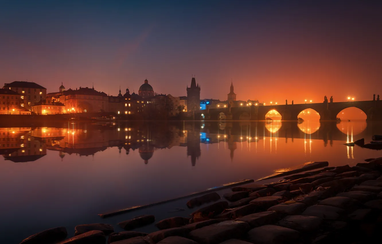 Фото обои вода, свет, отражения, ночь, мост, город, огни, река