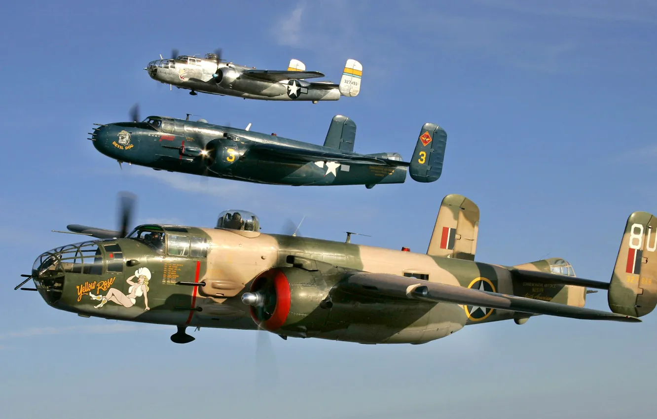 Фото обои небо, полет, ретро, самолет, парад, звено, B-25 Mitchel