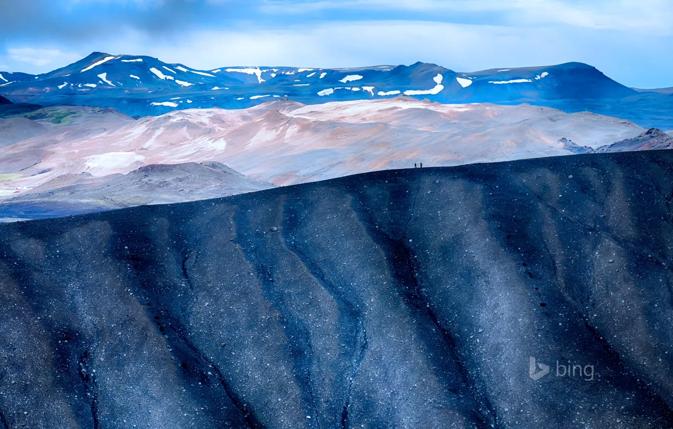 Фото обои снег, горы, люди, Исландия, Hverfjall