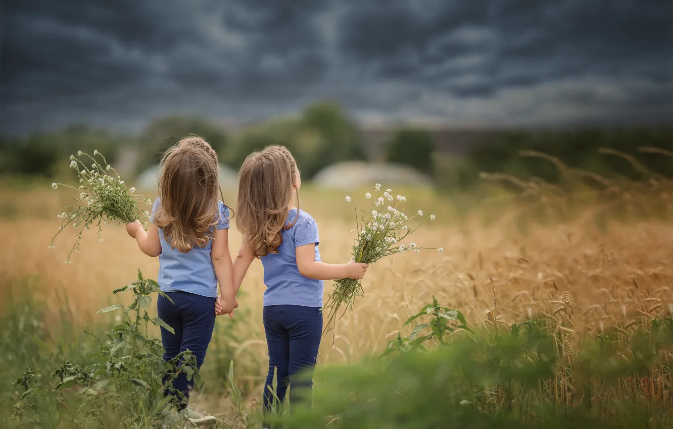 Фото обои поле, небо, трава, тучи, природа, дети, девочки, сестрёнки