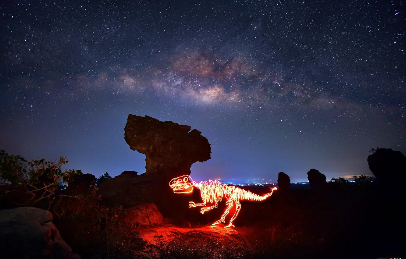 Фото обои свет, ночь, динозавр