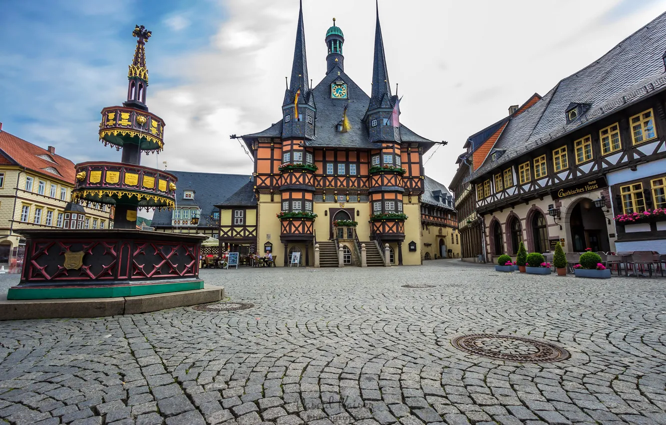 Фото обои дома, Германия, площадь, фонтан, Wernigerode