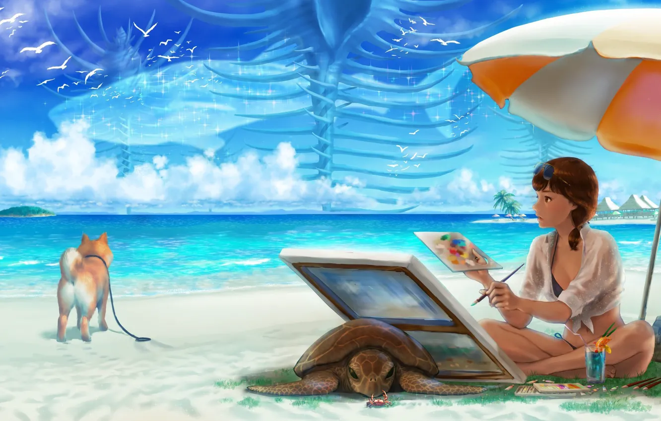Фото обои животные, пляж, краб, черепаха, собака, зонт, художница