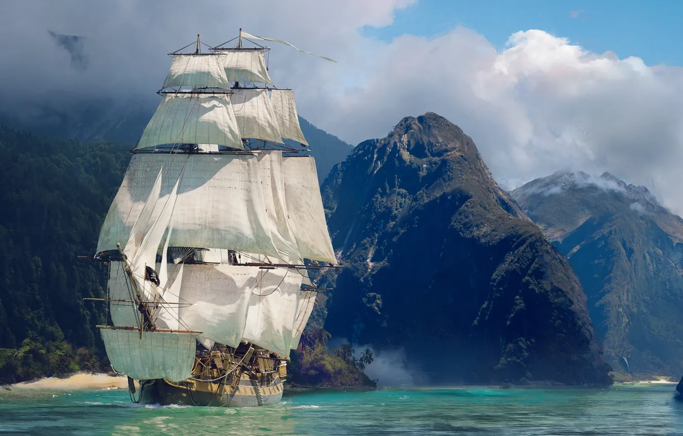 Фото обои sea, mountains, rocks, ship, sailboat
