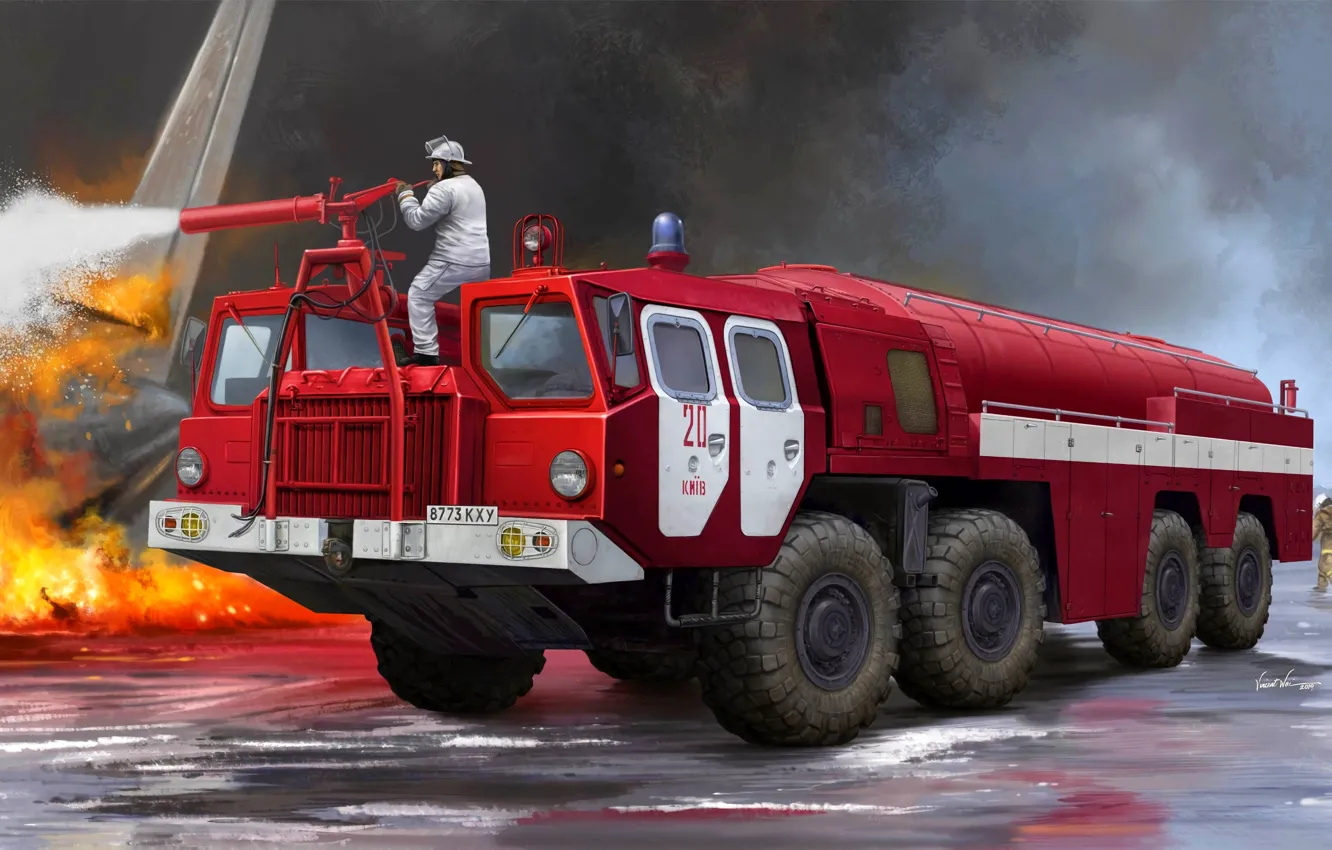 Фото обои МАЗ-7310, Спецтехника, Пожарная машина аэропорта, Пожарный автомобиль