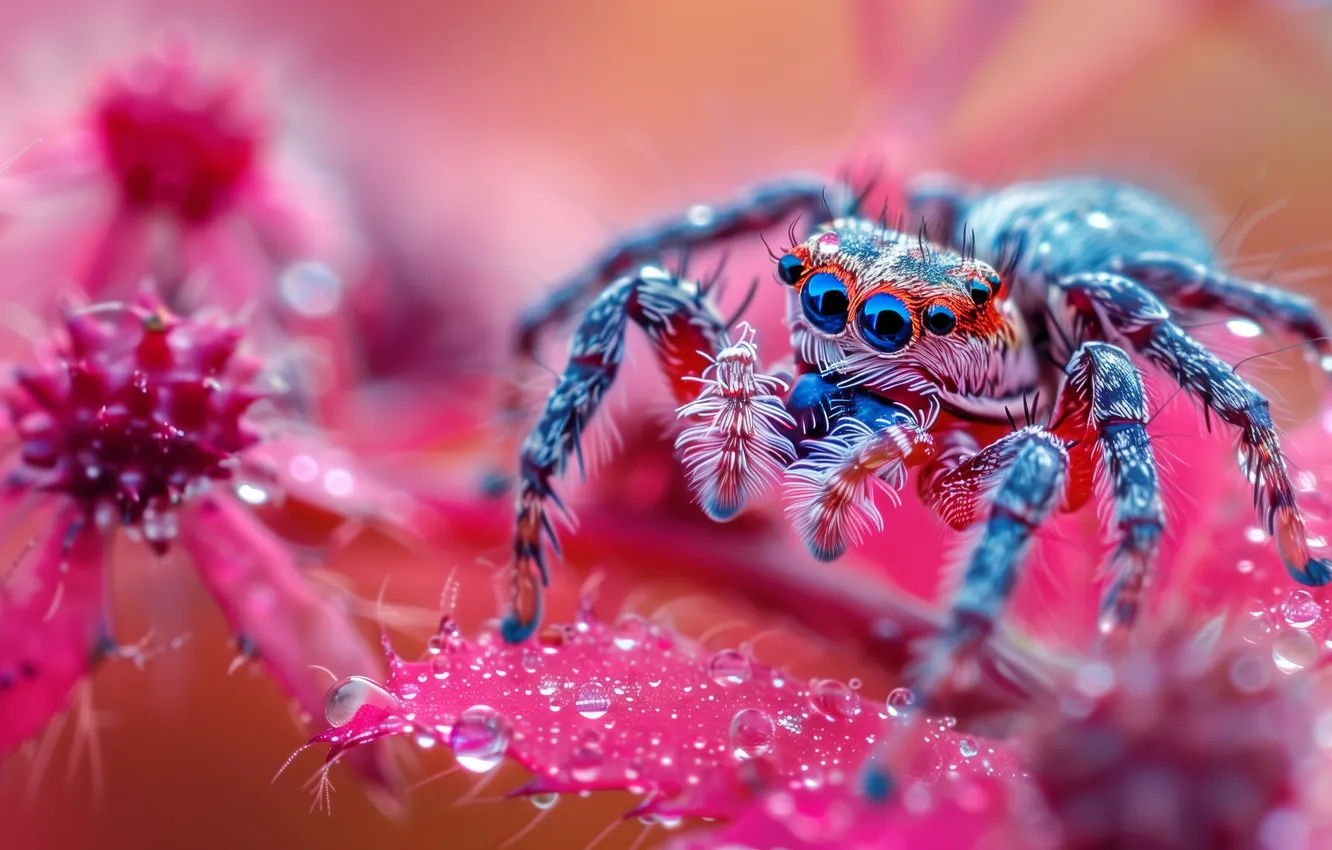 Фото обои цветок, макро, крупный план, роса, паук, spider, насекомое, красавчик