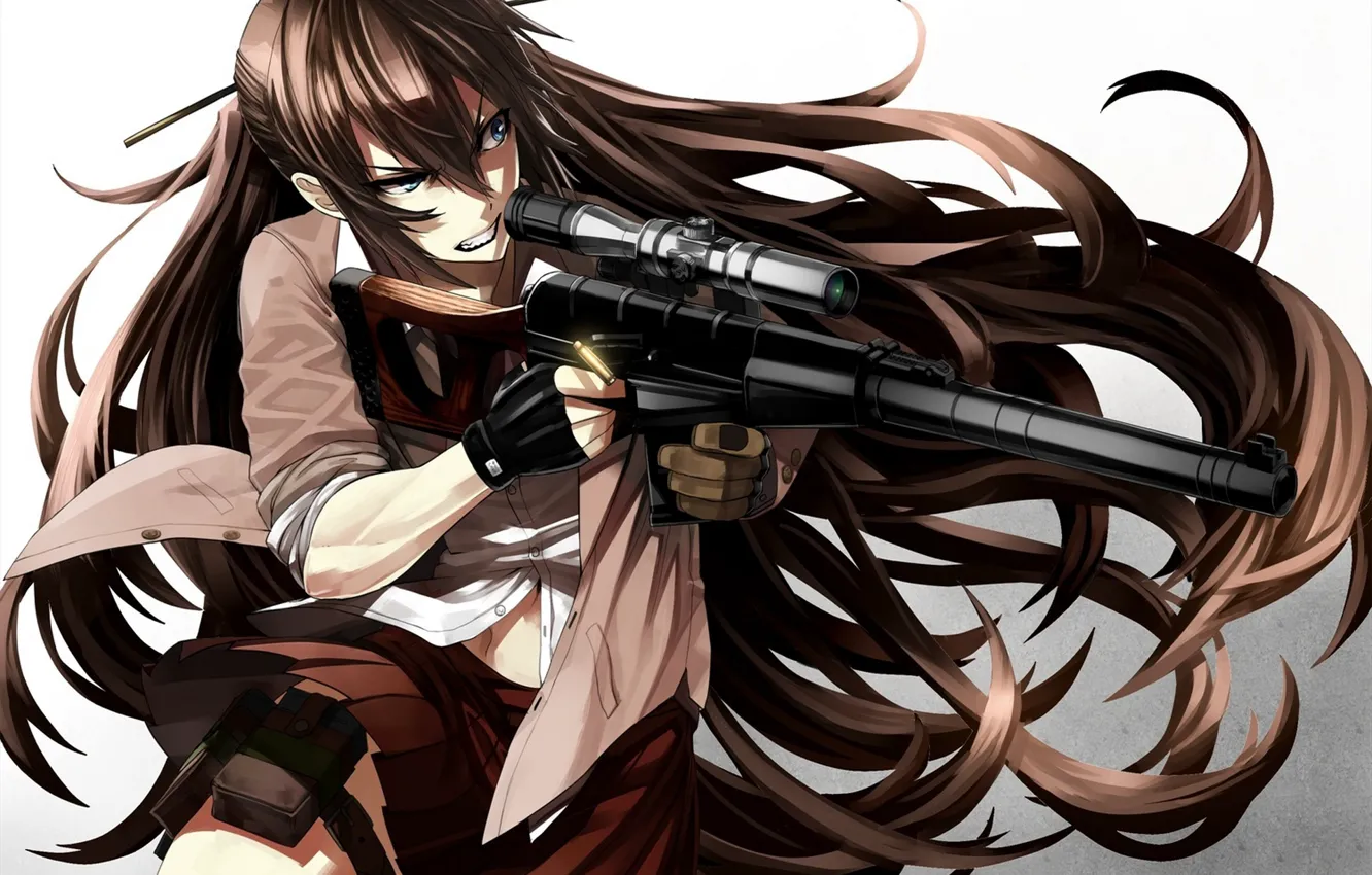 Фото обои девушка, оружие, злость, аниме, арт, пули, винтовка, tef
