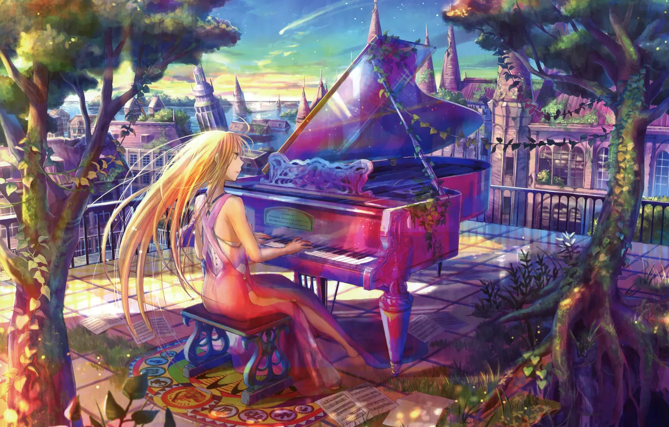 Фото обои девушка, деревья, город, ноты, рояль, балкон, пианино, fuji choko