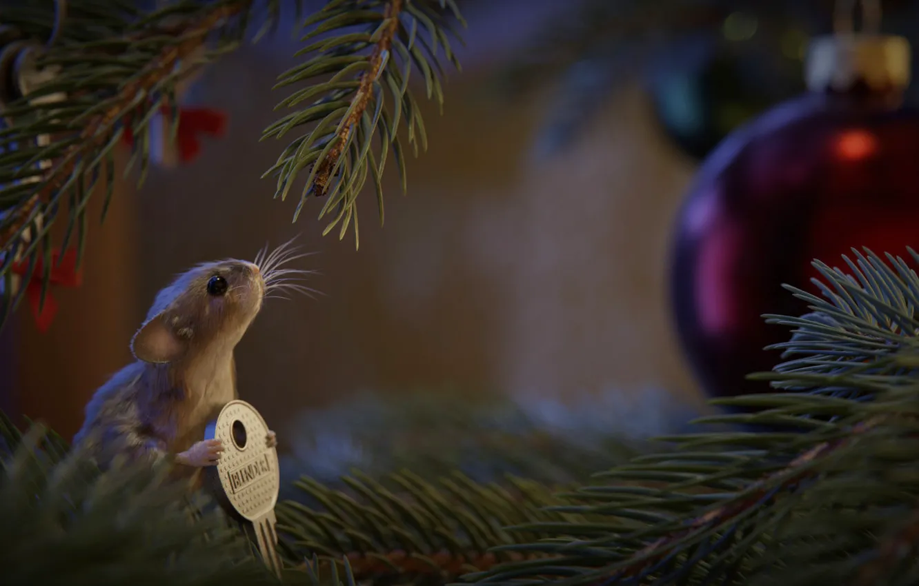 Фото обои елка, мышь, ключ, Новый год