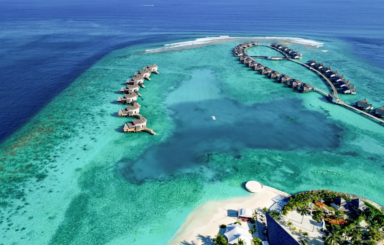 Фото обои океан, остров, Мальдивы, курорт, лагуна, вид сверху, Maldives, над водой