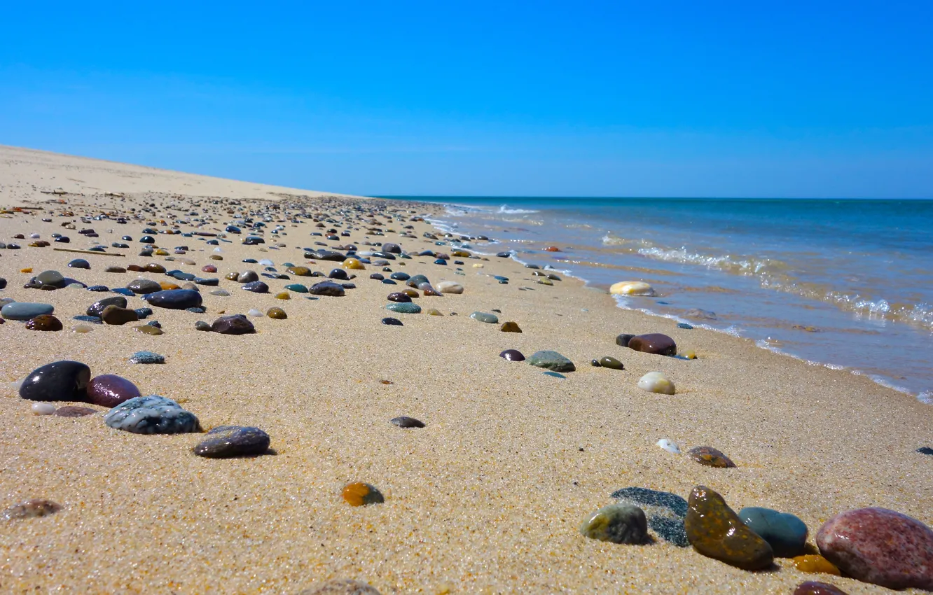 Фото обои песок, море, волны, пляж, небо, камни