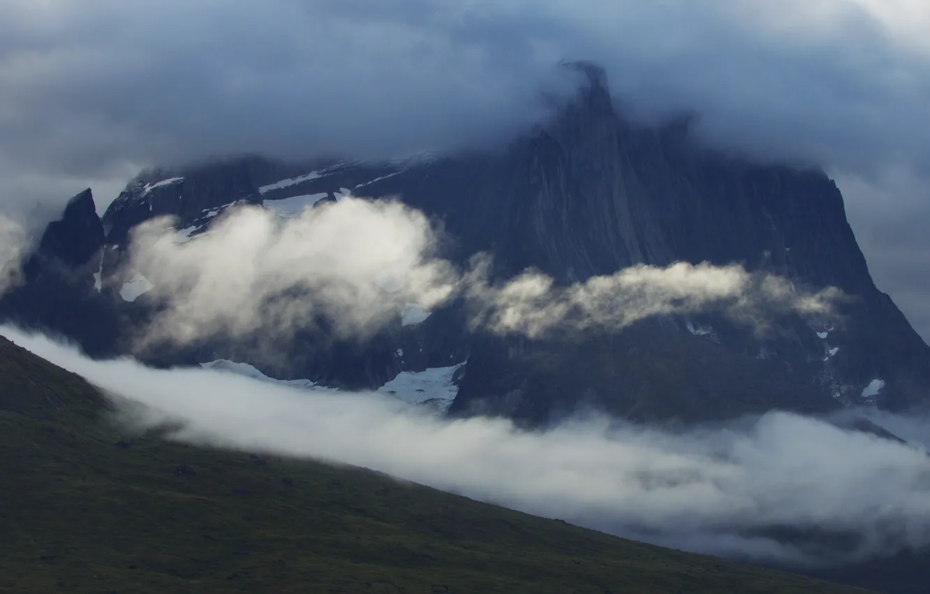 Фото обои облака, снег, горы, тучи, природа, скалы, фьорд, Южная Гренландия