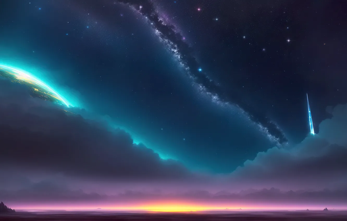 Фото обои space, landscape, art, fantastic, digital art, milky way, horizont, nigth