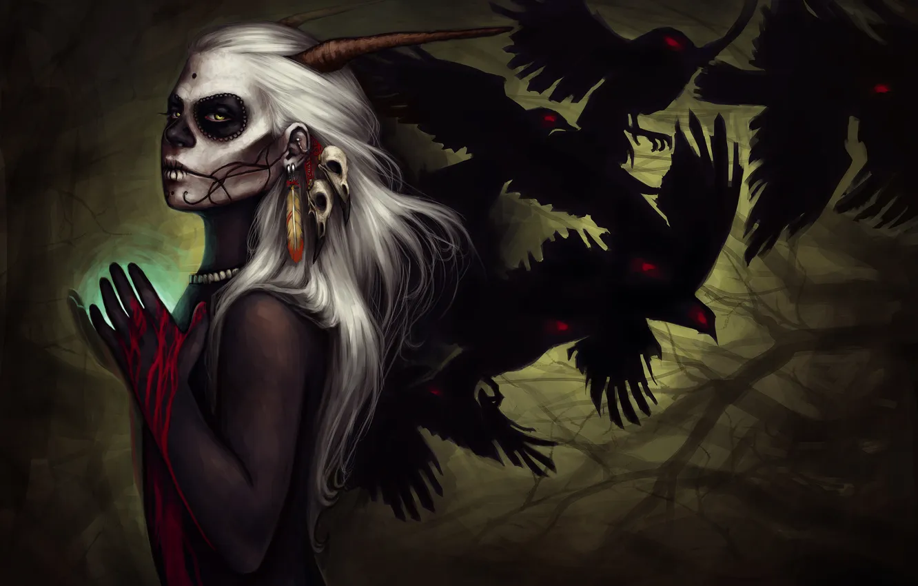 Фото обои кровь, женщина, рога, ворон, белые волосы