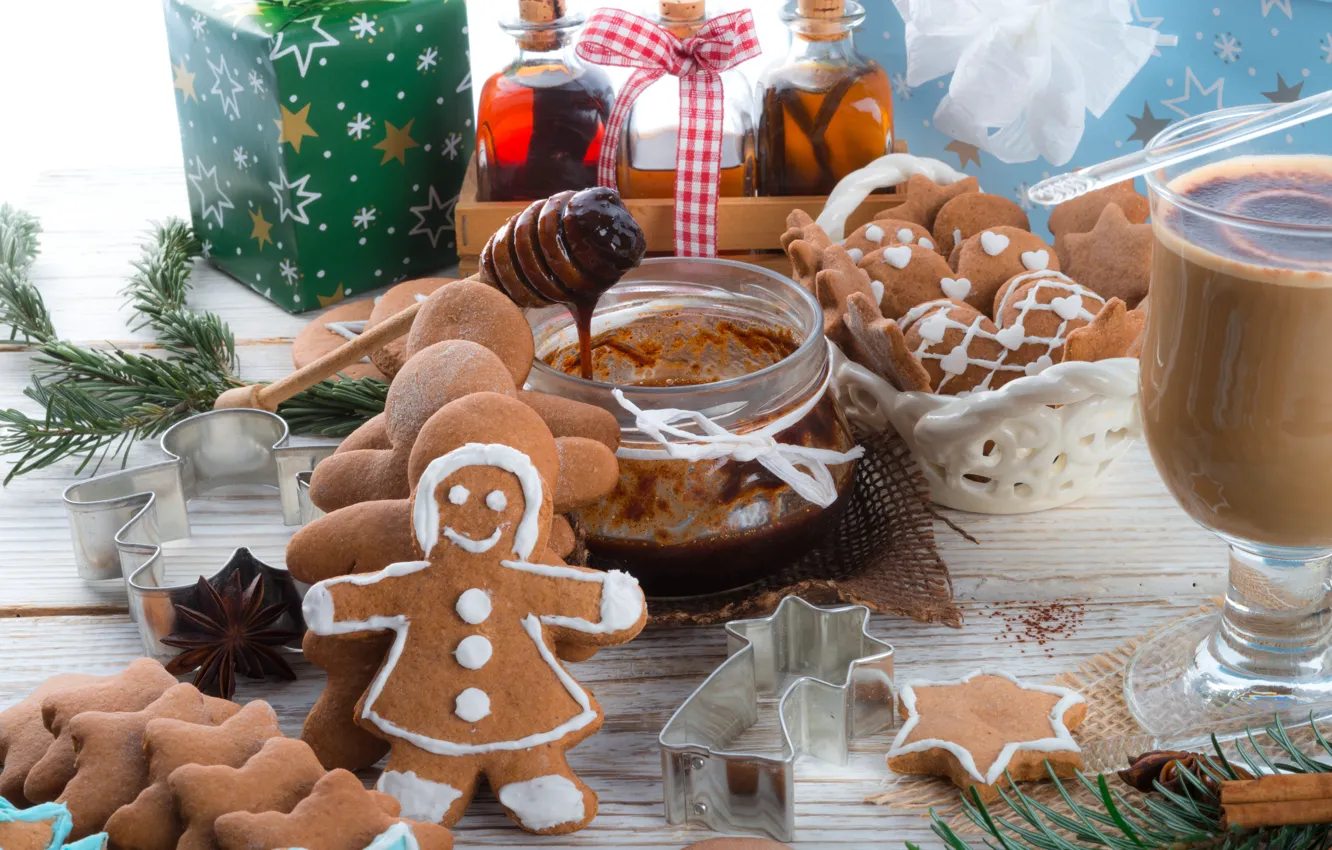 Фото обои праздник, Рождество, человечек, сладости, Новый год, Christmas, печенька, фигурка