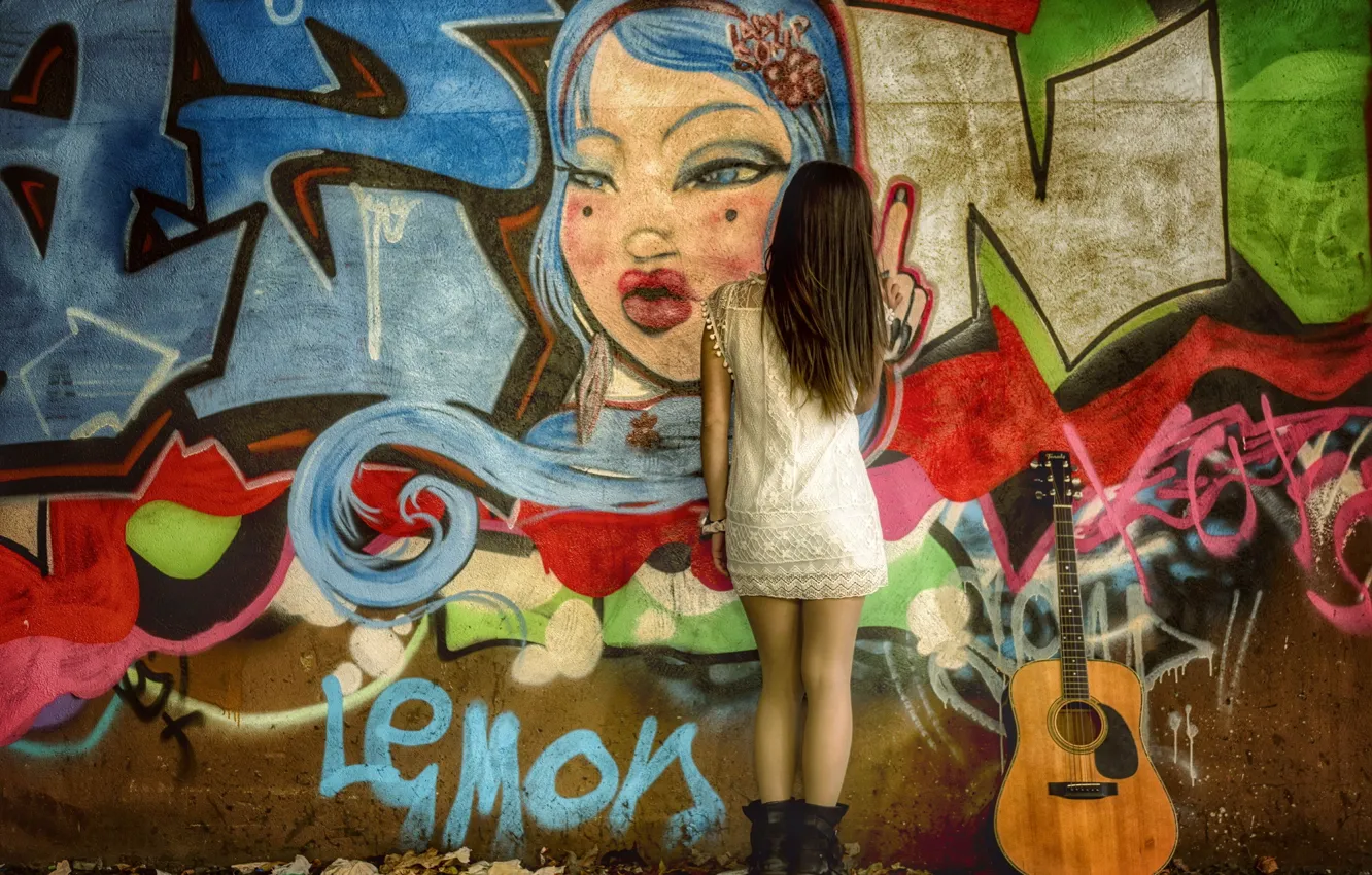 Фото обои девушка, стена, гитара, графити