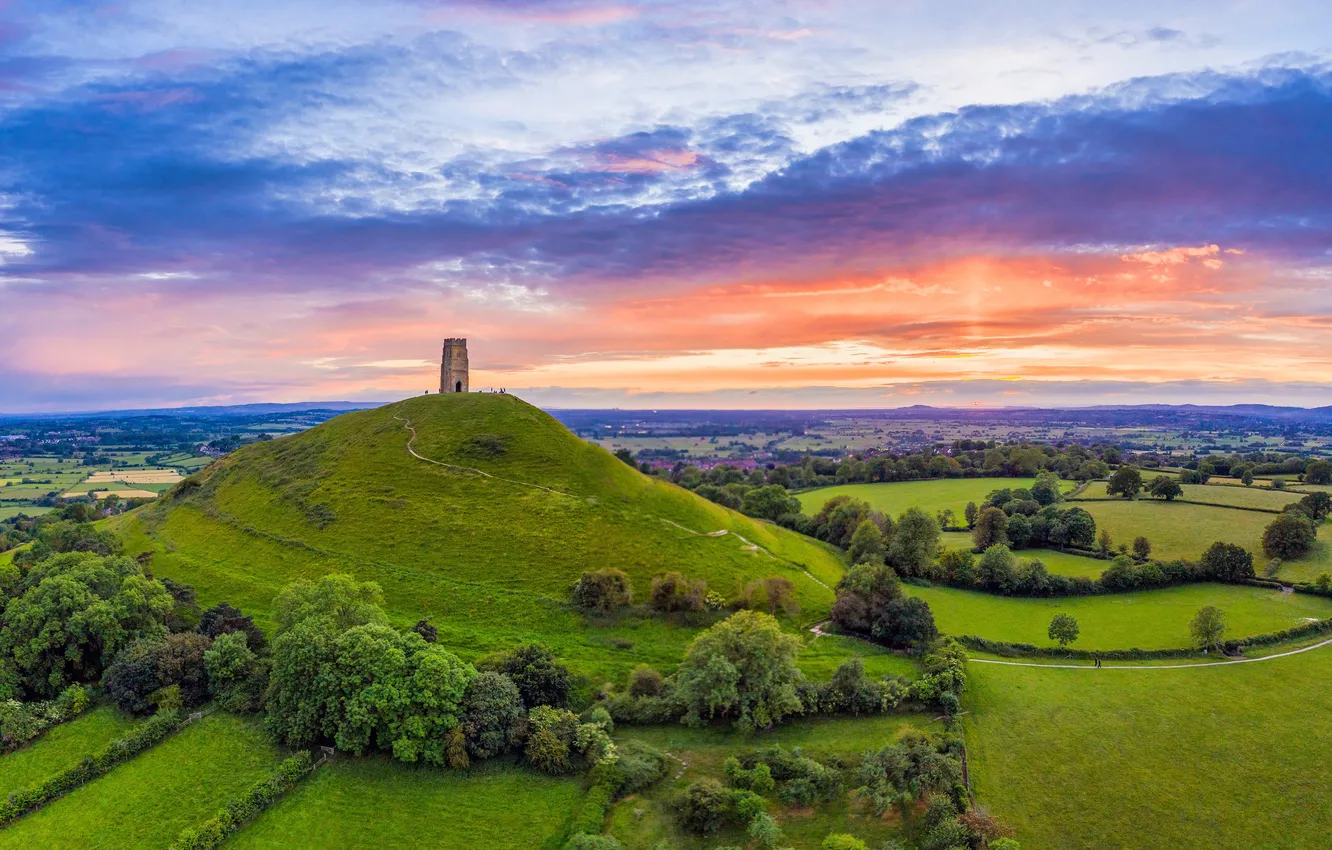Фото обои Англия, красота, Горизонт, простор, England, Scenic, Гластонбери, Живописный пейзаж