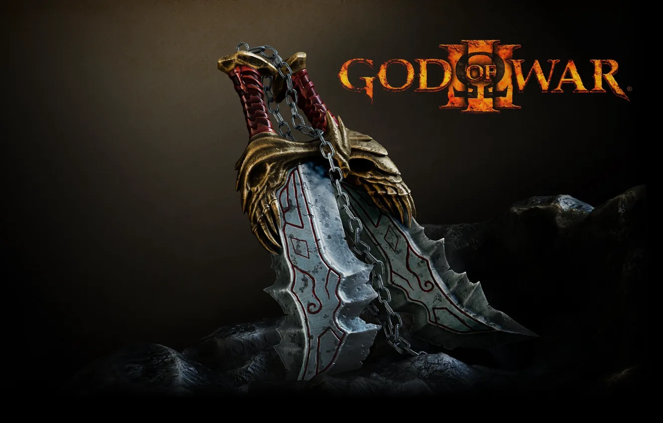 Фото обои sword, Kratos, God of War, rocks, stones, God of War 3, chains, Ares