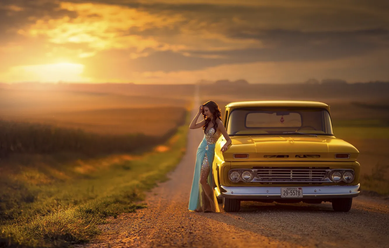 Фото обои дорога, авто, девушка, закат, Jake Olson Studios