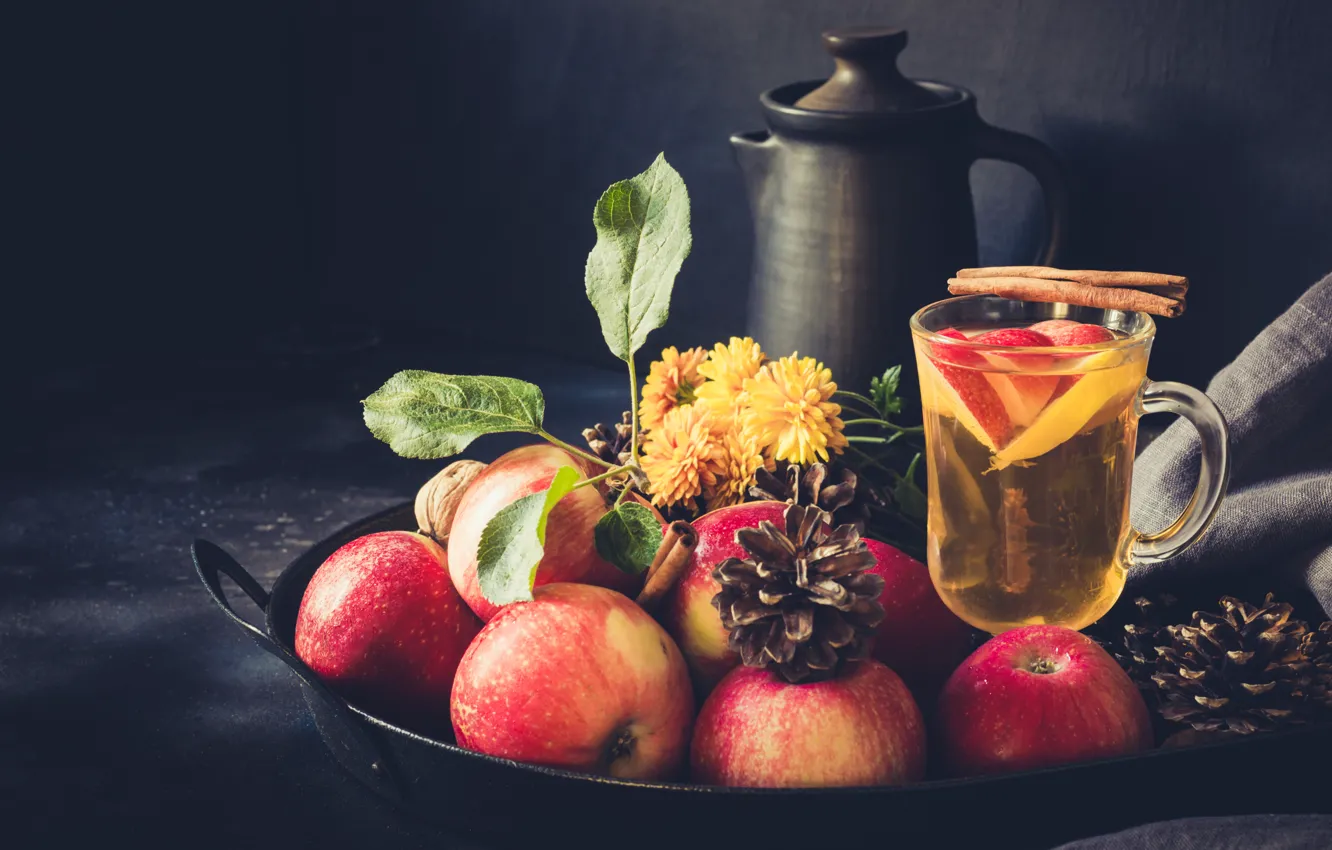 Фото обои лимон, чай, яблоки, напиток, корица, яблочный