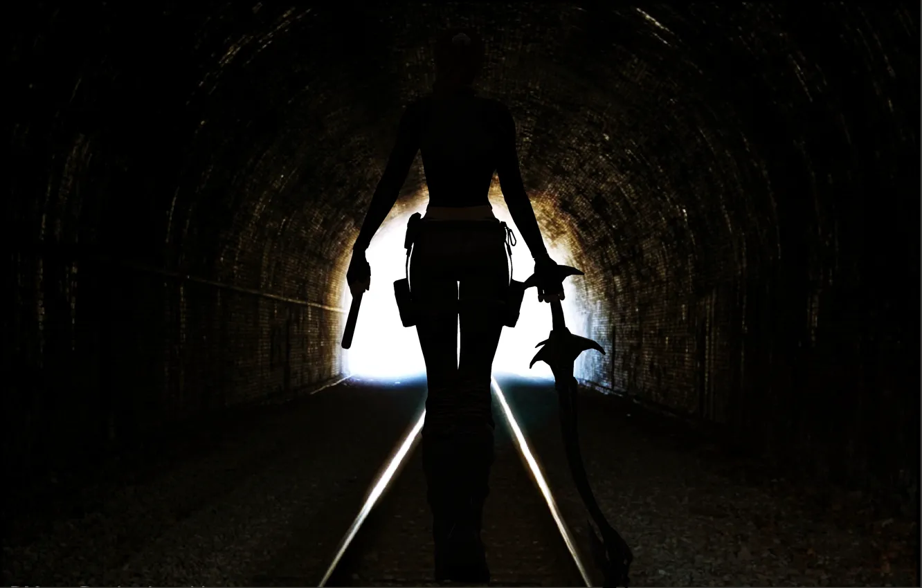 Фото обои девушка, пистолет, оружие, игра, спина, меч, lara croft, tomb raider