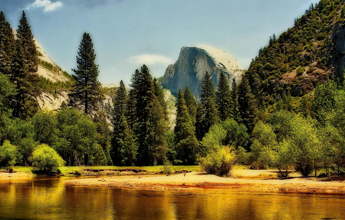Фото обои лес, небо, облака, деревья, горы, скала, река, Yosemite