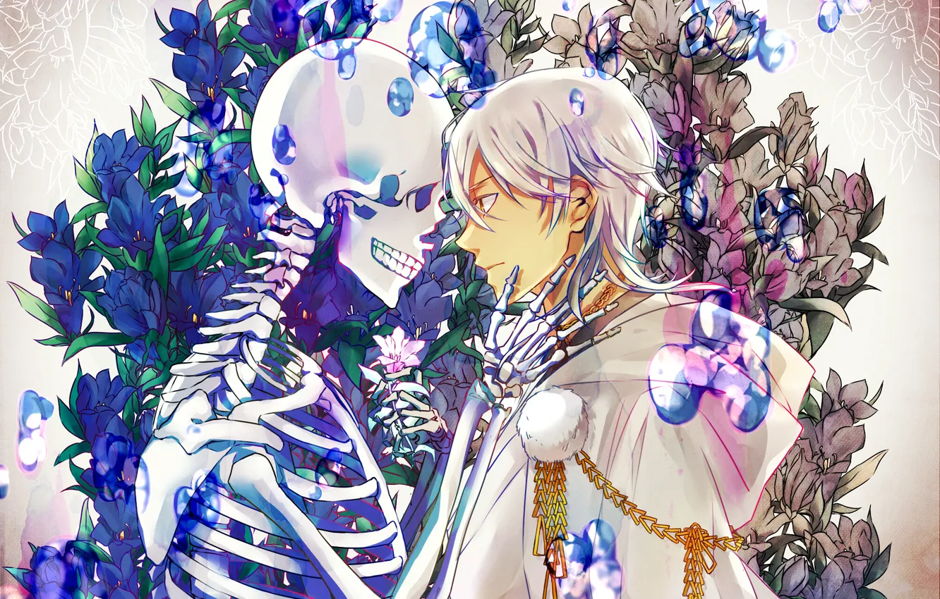 Фото обои цветы, скелет, мужчина, Арт, Touken Ranbu, Цурумару Кунинага, Tsurumaru Kuninaga