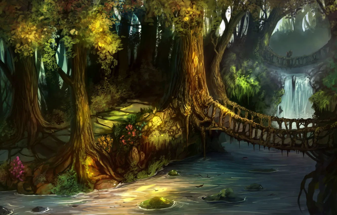 Фото обои лес, деревья, мост, водопад, дорожки, арт