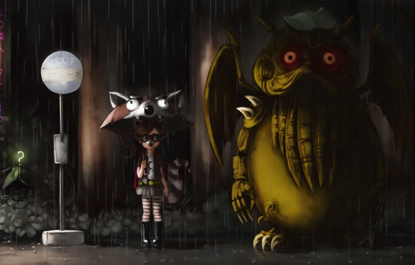 Фото обои дождь, крылья, существо, зонт, арт, девочка