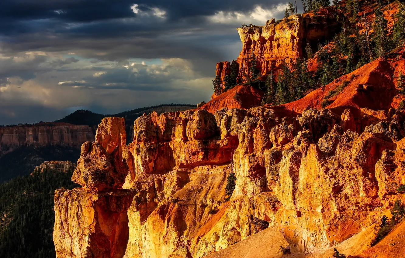 Фото обои деревья, закат, горы, тучи, Bryce Canyon National Park, осыпи
