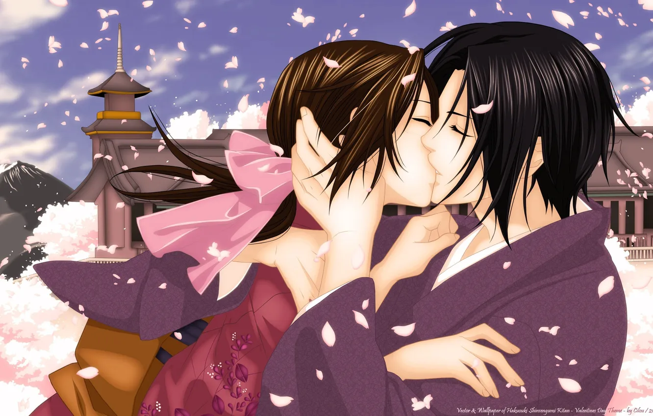 Фото обои девушка, дом, поцелуй, лепестки, сакура, парень, Hakuouki Shinsengumi Kitan