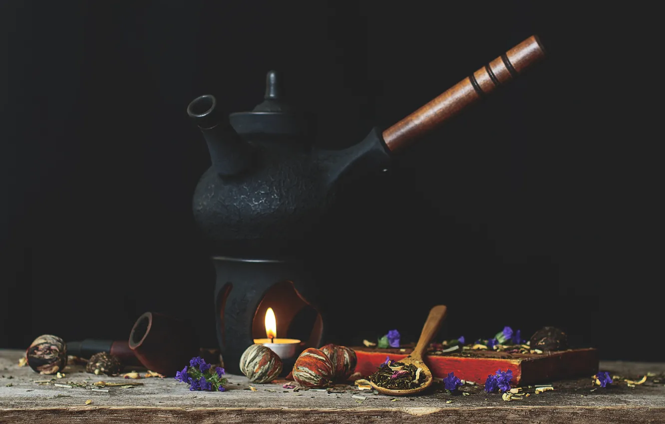 Фото обои чай, свеча, трубка, чайник, люлька, пуэр