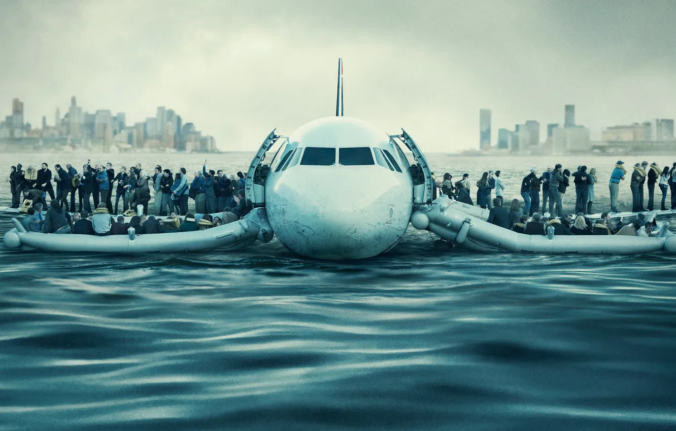Фото обои город, самолет, река, люди, Нью-Йорк, залив, постер, посадка