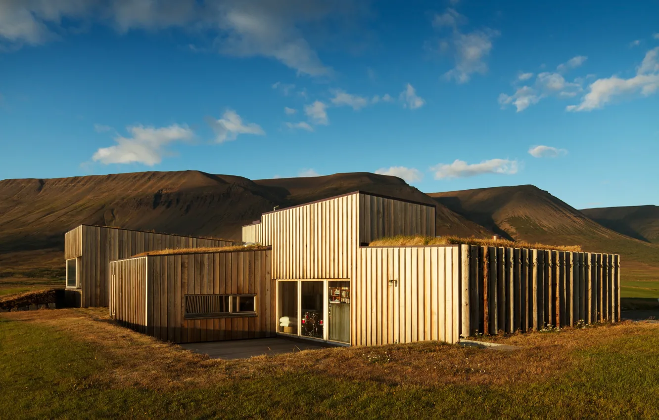 Фото обои house, grass, design, wood, mountains, clouds, Iceland, farm