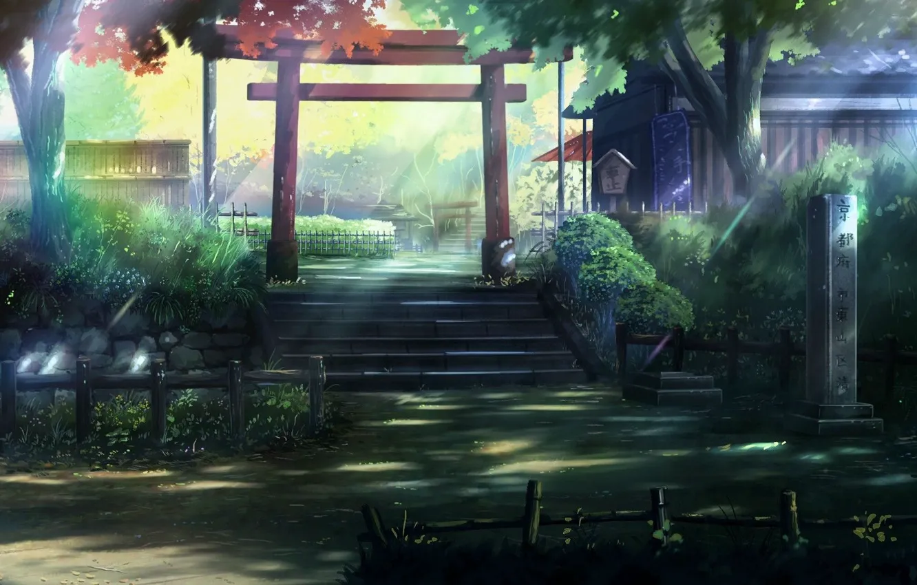 Фото обои лето, деревья, тень, ограда, Япония, лестница, ступени, храм