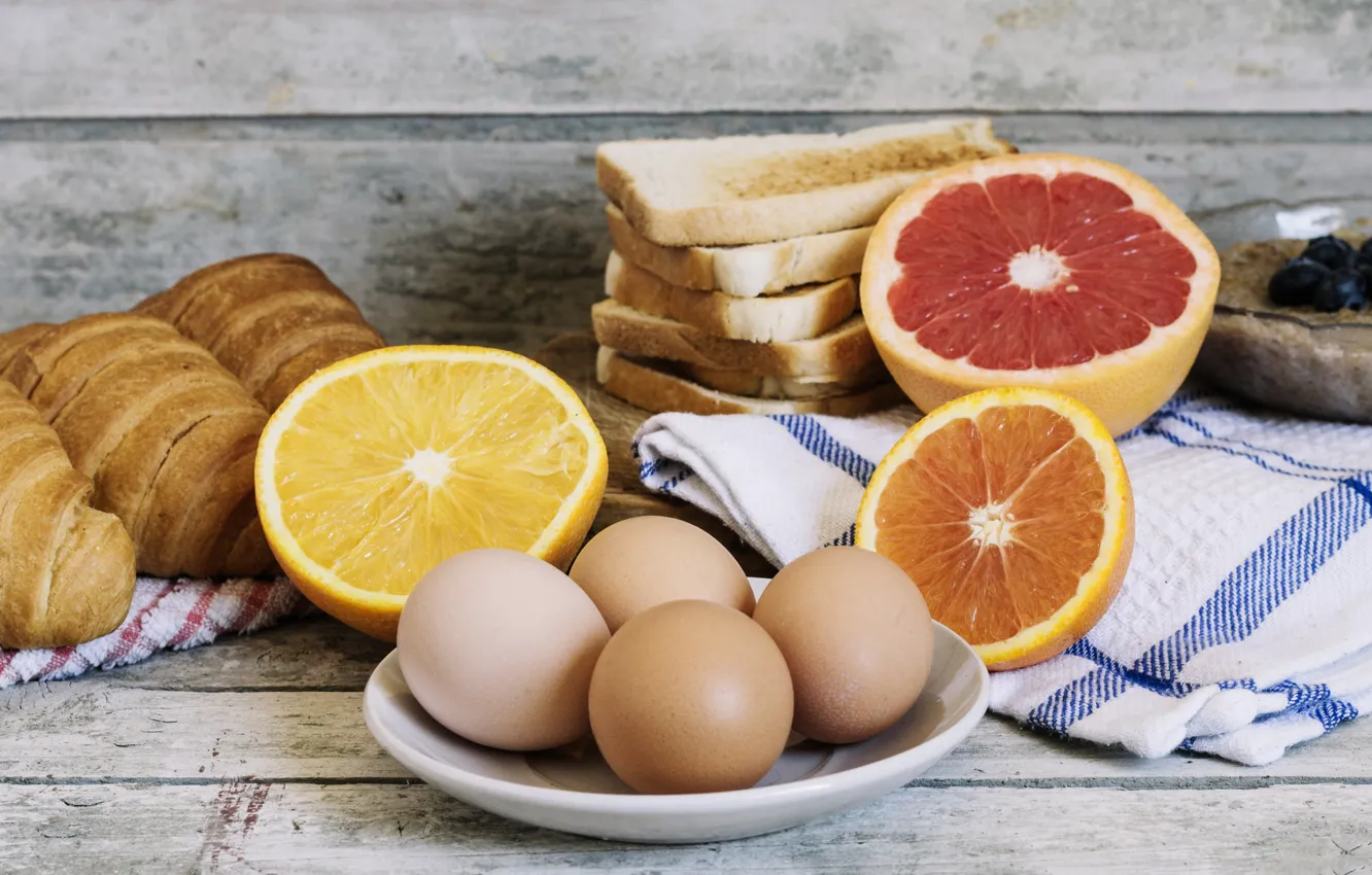 Фото обои апельсин, яйца, хлеб, цитрусы, круассан