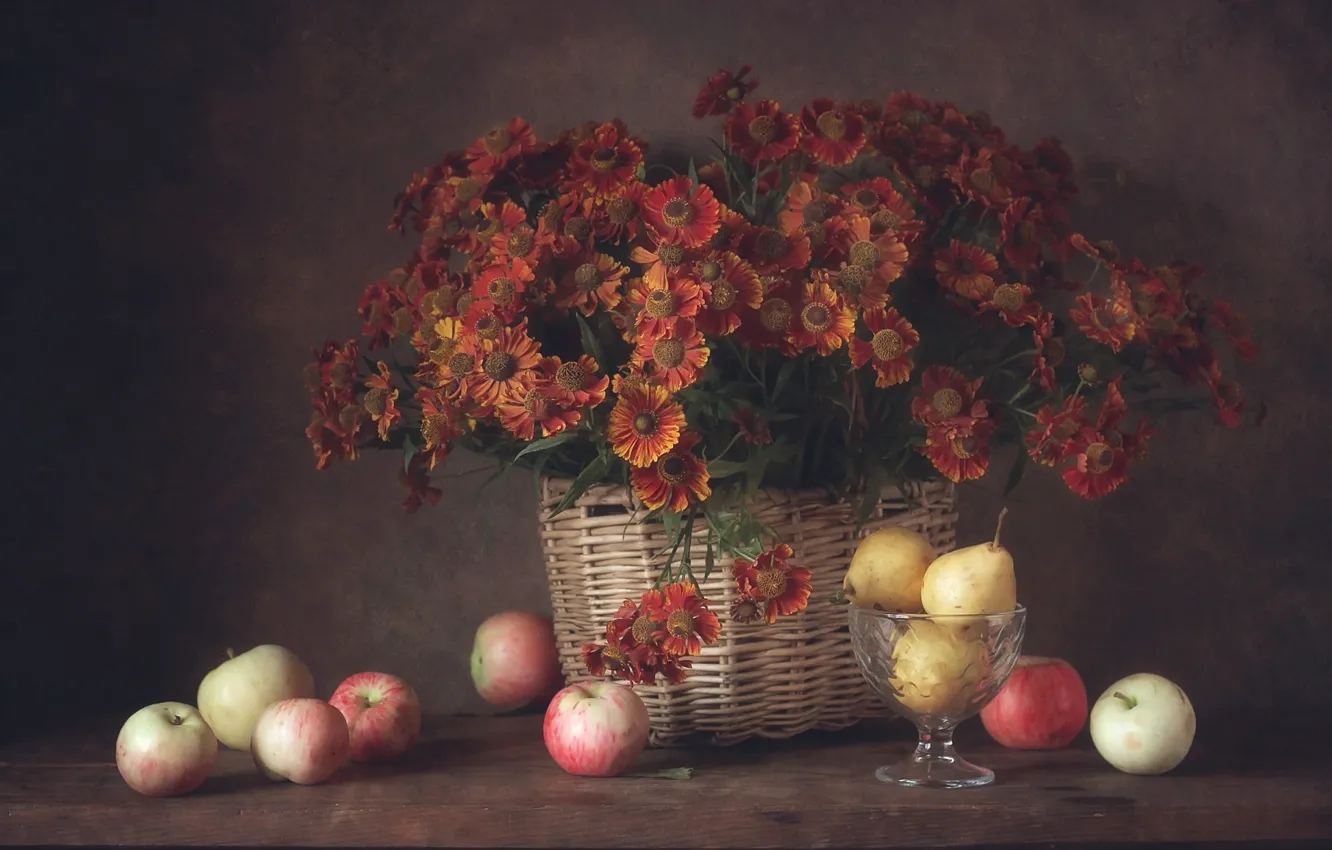 Фото обои осень, цветы, яблоки, букет, натюрморт, груши