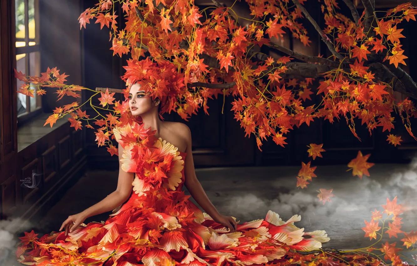 Фото обои осень, листья, девушка, стиль, дерево