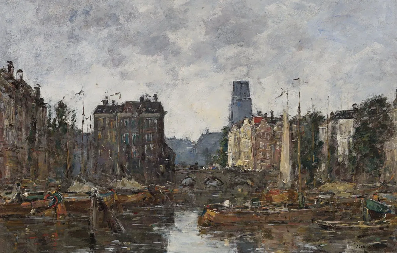 Фото обои дома, картина, городской пейзаж, Эжен Буден, Eugene Boudin, Роттердам. Мост у Биржи