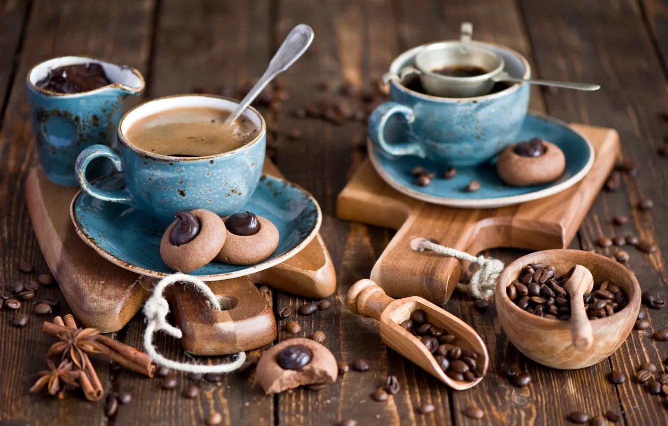 Фото обои голубой, доски, кофе, шоколад, зерна, чайник, печенье, чашки