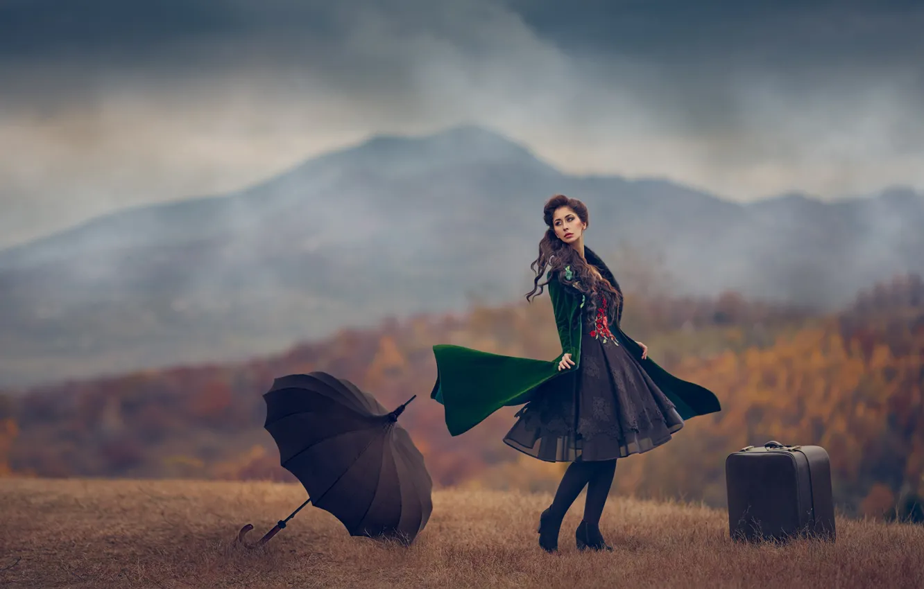 Фото обои осень, девушка, зонтик, настроение, платье, чемодан, Monica Lazar