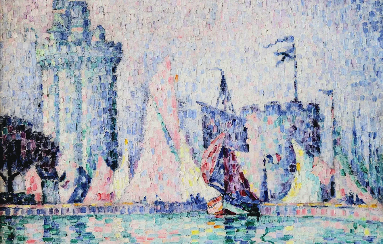 Фото обои лодка, башня, картина, парус, Поль Синьяк, пуантилизм, Порт Ла-Рошель