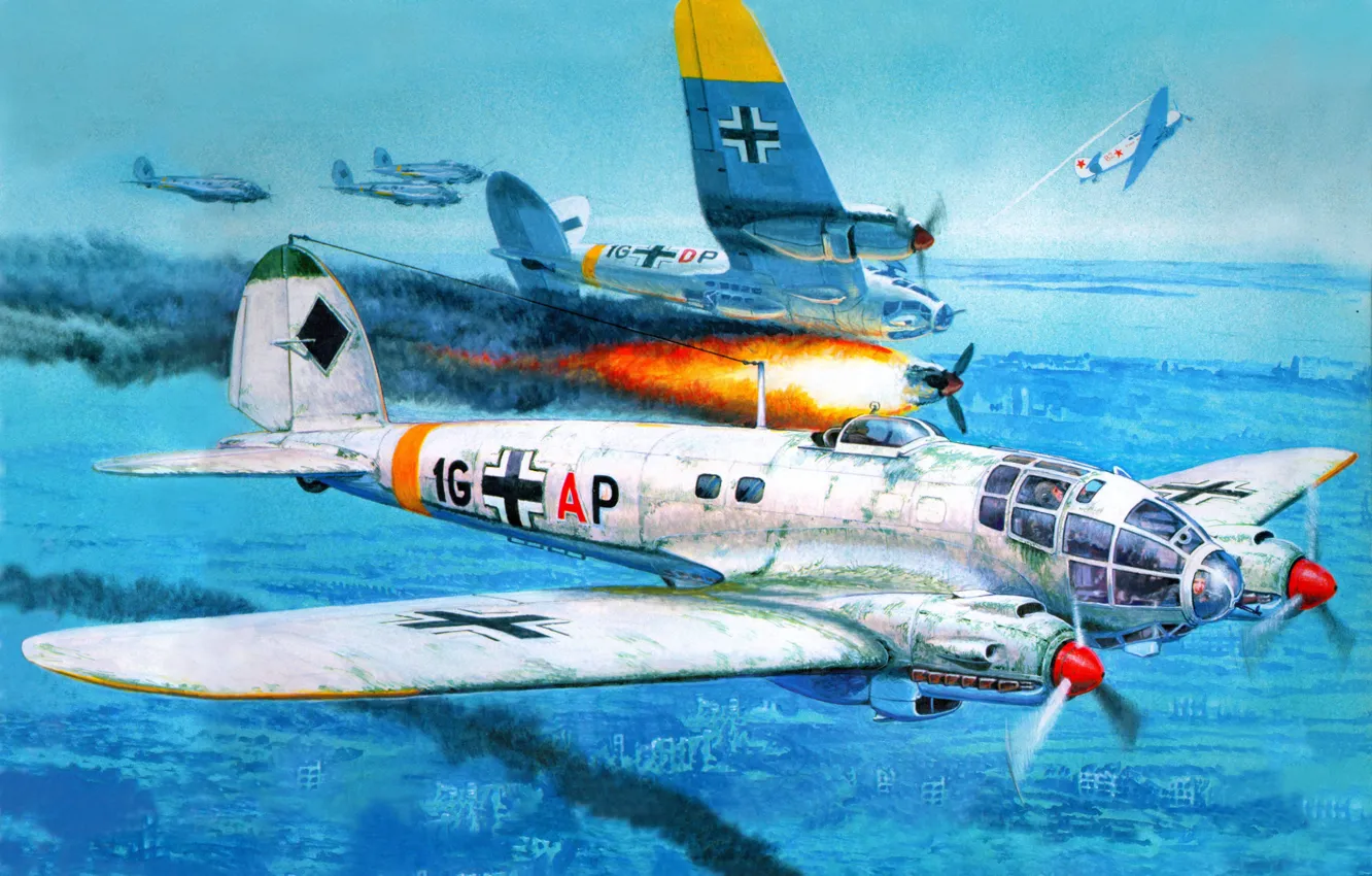 Фото обои небо, война, Арт, немецкий, средний, Heinkel, бомбардировщий, Kampfgeschwader 27